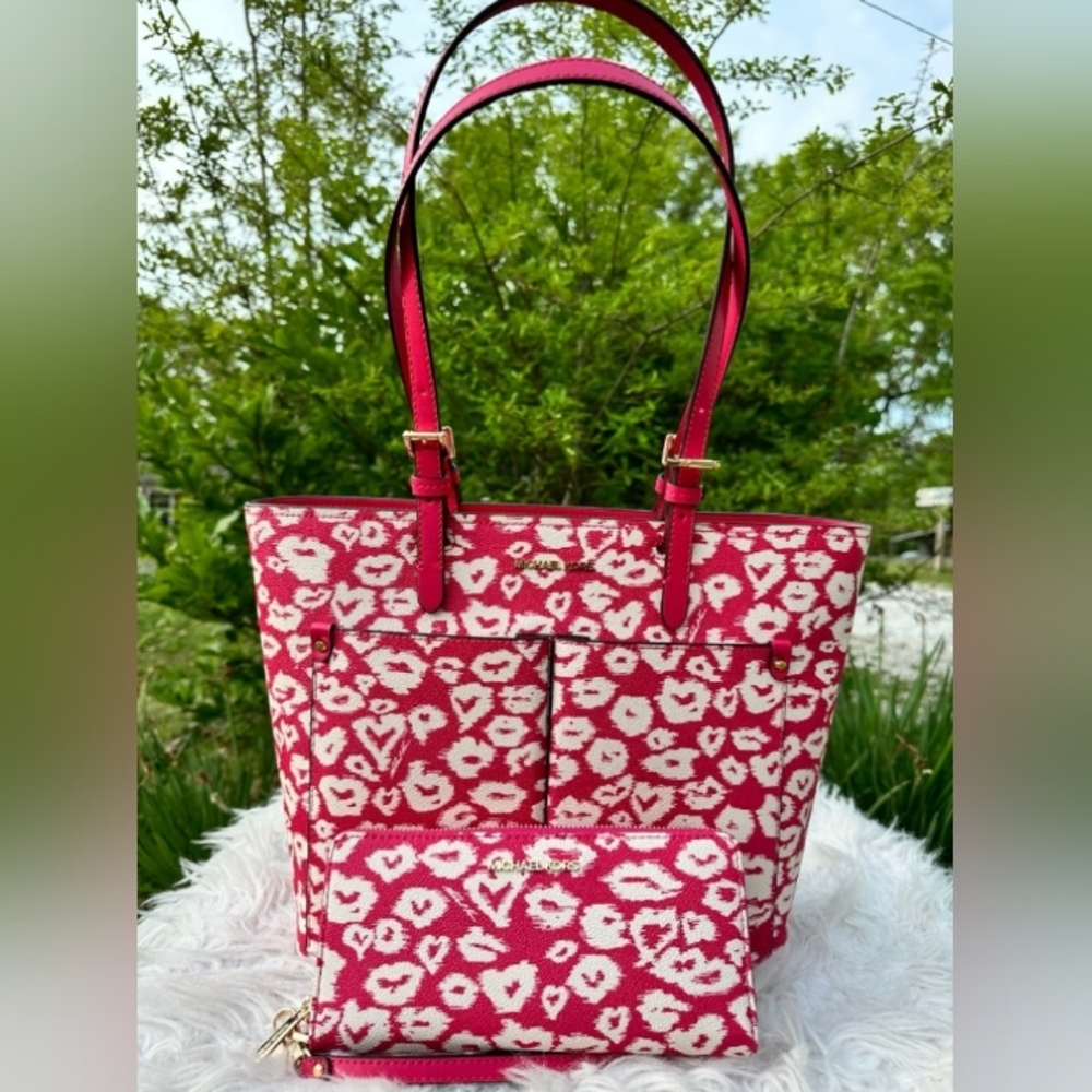 NEW Michael Kors Electric Pink Multi Double Front Pocket Tote And Large Wallet